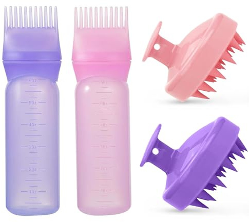 prtsftrb 2 Stück Haaröl Applikator Mit 2 Stück Haar Massagebürste, 160ml Wurzelkamm Applikator Flasche,Haarfärbemittel Pinsel Flasche für Zuhause, Salon Hair Oiling Applicator (Style 1)