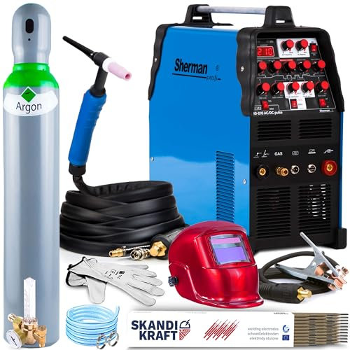 Sherman TIG 210 AC/DC Pulse - 200A WIG Schweißgerät AC DC mit Puls und präziser Steuerung - Profi HF-Zündung WIG Puls Schweißgerät für Aluminium mit MMA-Schweißmodus - Set: ProfessionalPlus