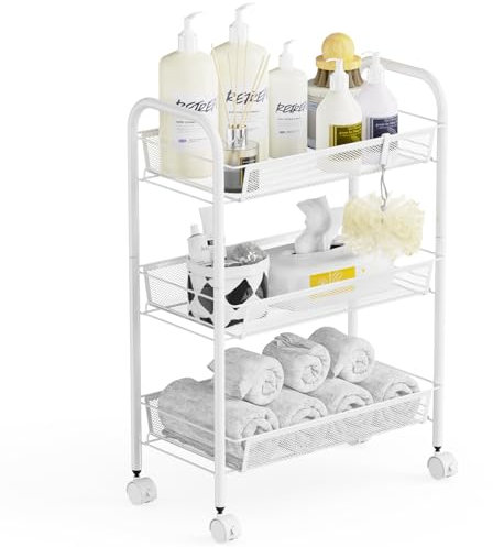 WELDUN Rollwagen Küchewagen mit 3 Ebenen, Metall Regal auf Rollen mit Griff für Küche, Badezimmer, Schlafzimmer, Büro, Weiß
