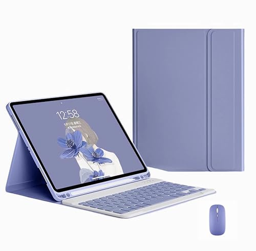XFTeoux Funda con Teclado para iPad Air 6 M2 11 Pulgadas A2902/A2904 2024 con Ratón, Teclado Inalámbrico Desmontable, Funda Folio De Cuero con Soporte para Lápiz,Púrpura