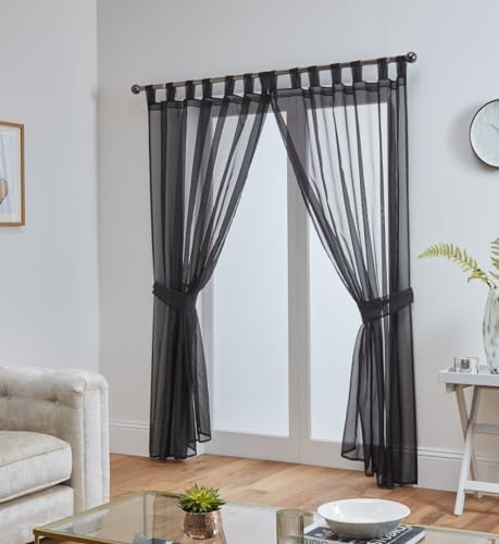 John Aird Pair Of Woven Voile Tab Top Curtain Panels. Tiebacks Included (Black, 58 Wide x 81 Drop)