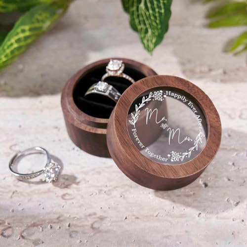 Munidow Wedding Ring Box Ceremony Brown 2 Slot Engagement Wooden Mr. &Mrs. Double Ring Boxes for Mini Round Ring Holder Elegant and Retro Holder Box/Organizer