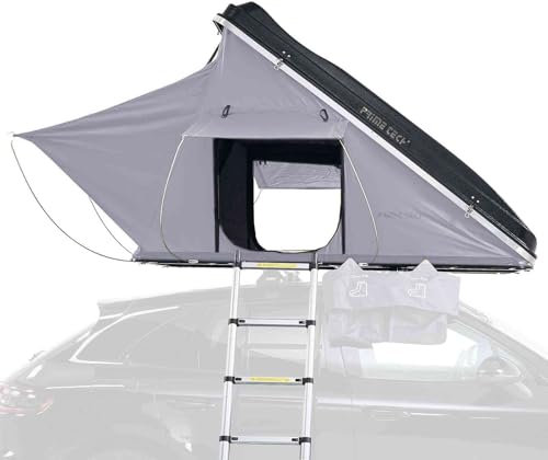Prime Tech | Hartschalen-Autodachzelt Delta Pro 205 x 135 cm Schwarz/Hell-grau | Leichtbau 51 kg | Automatik-Öffnung & 3D-Mesh | Hardshell Dachzelt mit Ripstop-Stoff für 2 Personen