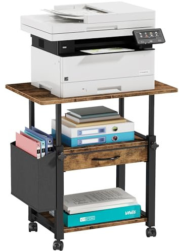 OYRREU 3-Ebene Höhenverstellbar Druckertisch mit Rollen, 56x38cm Mobiler Druckerständer mit Stoffschublade&Seitentasche, Home Office Druckerhalter Büro Druckerwagen Drucker Regal, Industrie Holz