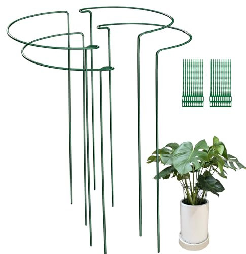 4 Pack 25x60cm Garden Plant Support Stakes Ring Cages with 20 PCS Plant Ties, Metal Half Round Plant Ring for Peonies, Hydrangea, Tomato, Rose