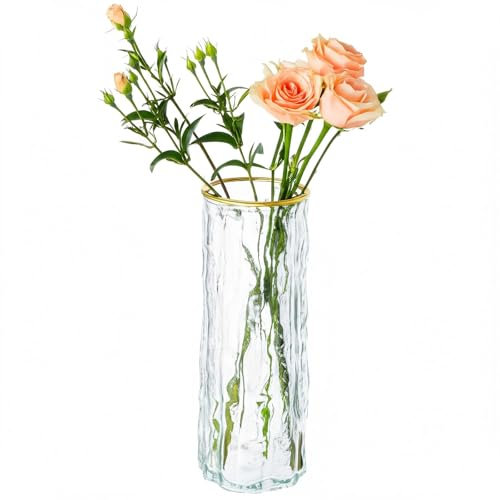 Gemsaya Glass Vases for Flowers, Glacier Design Large Flower Vases for Centerpieces, Transparent Modern Crystal Cylinder Flared Vase With Gold Wire Mouth for Home Office Decor Party Wedding Birthday