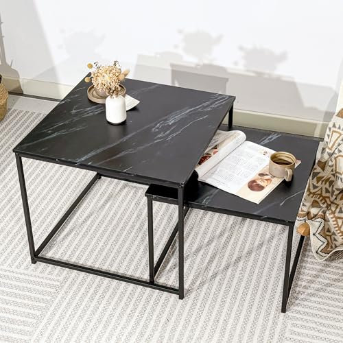 BIGTREE Couchtisch, Beistelltisch 2er Set, Moderne Wohnzimmertisch Größe:60x60x50cm, 50x50x40cm, Quadratisch Satztisch aus Holz mit Metallgestell für Wohnzimmer Balkon Büro