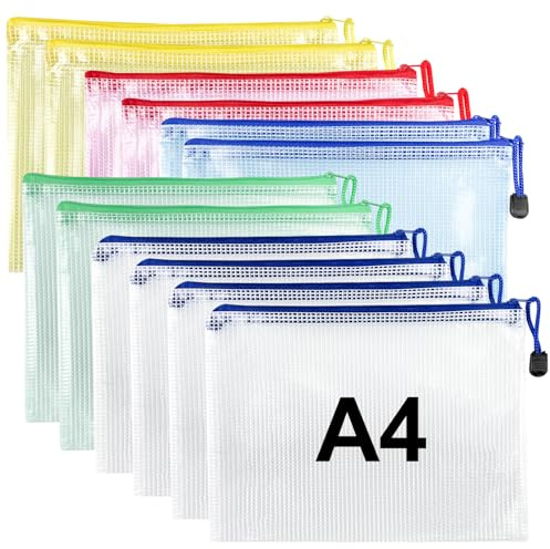 Crihovy 12 Pcs Dokumententasche mit Reißverschluss A4, Wasserdichte Document Case, Mesh Plastic Zip Bag, Reißverschlusstasche, Zipper Pockets für Datei,Papier, Quittungen, Kosmetika, 5 Farben