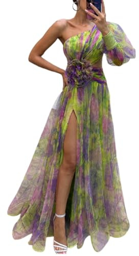 Vestido largo de un hombro para mujer – Vestido largo de verano elegante con diseño tie dye, malla, capas y aberturas, con nudo de flores y diseño plisado para noche, playa, cóctel y boda, Verde, XL
