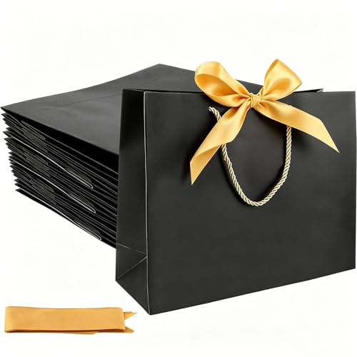 MIVIDE 24pcs Sacs Cadeaux Noirs avec Ruban Doré, 32 x 25 x 11 cm Sac Cadeau Papier, Sacs Cadeaux avec Poignée pour Mariage, Noël, Fête, Cadeau