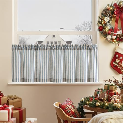 TOPICK Blue Striped Linen Look Kitchen Curtain 16 Inch Drop, Light Filtering Rod Pocket Cafe Curtain Valance for Living Room, Bathroom, Cupboard, Bedroom, Small Window, W 50 x L 16, 1 Panel