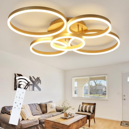 GBLY Deckenlampe LED Deckenleuchte Wohnzimmer Gold Wohnzimmerlampe Dimmbar | 78W mit Fernbedienung 5-Ringen Schlafzimmerlampe Modern Acryl