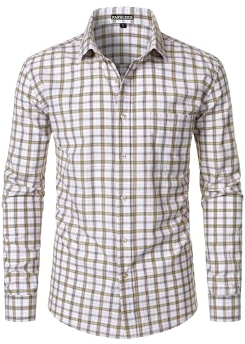 PARKLEES Men's Lightweight Plaid Shirt Casual Slim Fit Checked Long Sleeve Button Down Shirts with Pocket Beige Plaid Large