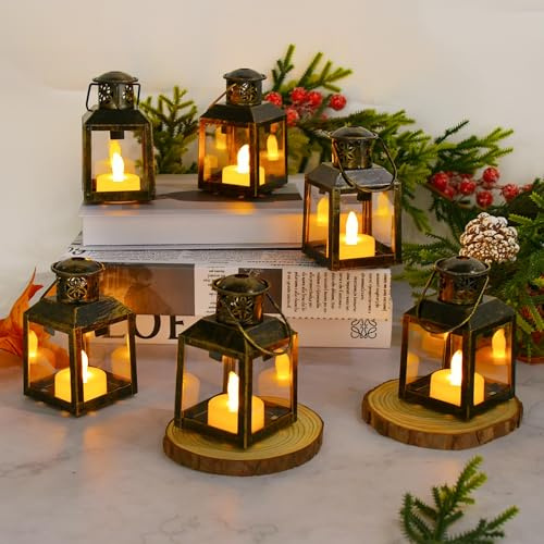 Gold Candle Lantern Christmas Halloween Wedding Decor - 6Pcs Small Decorative LED Lantern Hanging Candles for Table Decoration Moroccan Ramadan