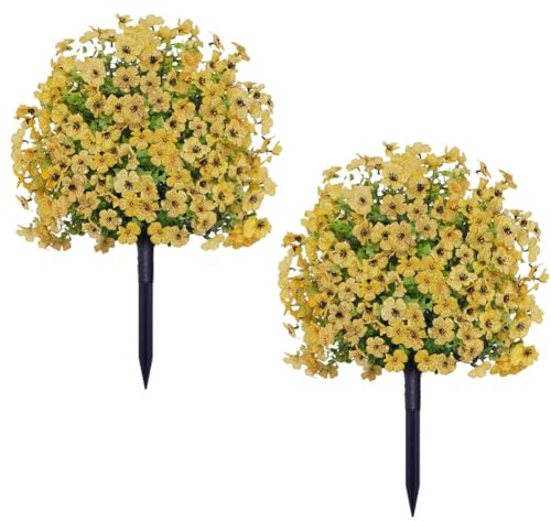 GarveeHome Set of 2 Artificial Boxwood Balls with Ground Spike, 60 x 40 cm Plastic Artificial Plant with Flowers, UV-Resistant Garden Decoration Shrubs, Artificial Plants for Porch, Indoor, Outdoor