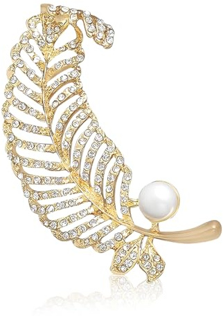 JYNXOR Cardigan élégant Broche en Métal, Broche Perle Simulée de la Mode,épinglette Délicate à la Mode, Plume Noble pour Femme Chapeau Sac Mariage Anniversaire élégant Robe Accessoires (Doré)