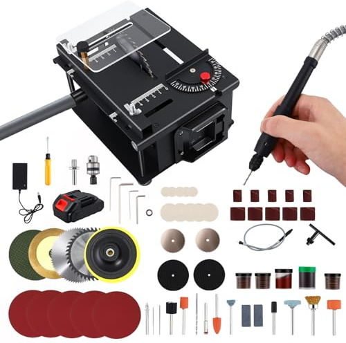 Mini Table Saw for Crafts, 200W Multi-Functional Table Saw with Full Set, 0-90° Angle Adjustable, Portable Cordless Desktop Electric Saw for Wood Plastic Acrylic Cutting,DIY Hobby Handmade,Woodworking