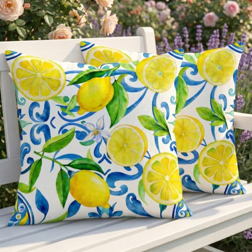 Luzzxfa 2er Set Outdoor Kissen Wetterfest Kissenbezug 40x40 cm Zitrone Dekokissen Kissenhülle Gelb Sofakissen für Wohnzimmer Sofa Garten Balkon Camping