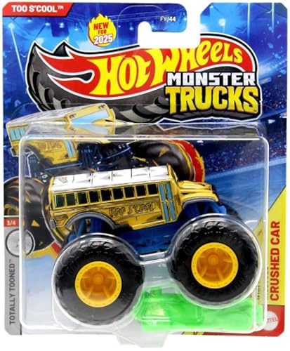 Hot Wheels Monster Trucks Too S'Cool [School Bus] Includes Crushed Car - Totally Tooned 3/4 - New for 2025! 1:64 Scale Diecast Toy Vehicle