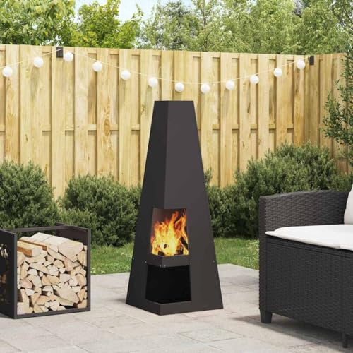 GeenYuu Chimenea negra de acero de 35 x 35 x 100 cm, portátil y resistente al calor, ideal para jardín, terraza y exterior, uso versátil para calor, fuego y ambiente acogedor