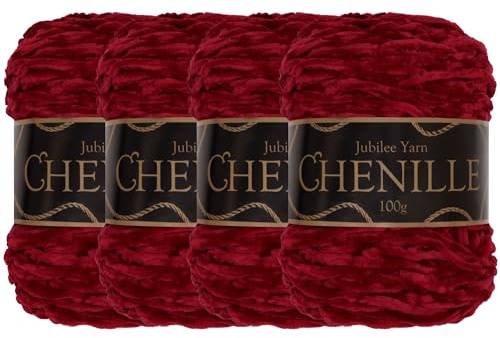 JubileeYarn Chenille Yarn – kamgarn, vikt – 100g/nystan – blaze – mörkröd sammet – virkning och stickgarn – 4 nystan