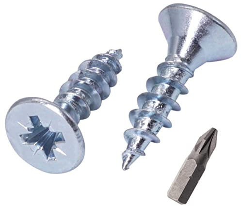 SKIR'CO (100 piezas) Tornillos de madera de plata de acero chapado en zinc de 5,0 x 16 mm, cabeza avellanada Pozidriv, tornillos de aglomerado, rosca PZ