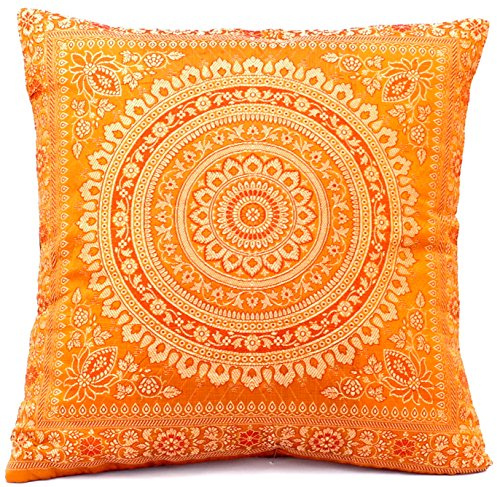 Ruwado Handgewebt und Handgefertigt Indische Banarasi Seide Kissenbezug, Überzug, Dekokissen - Mandala Muster mit unsichtbarer Reißverschluss - 40 x 40 cm | 16 x 16 Zoll, Ocker