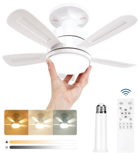 VARICART Ventilador de Techo con Luz y Control Remoto, Ventiladores de Techo Silencioso con Casquillo E27, Lampara Ventilador Techo 1200 Lúmenes, 3 Colores 3000K - 6000K, 5 Aspas, 6 Velocidades