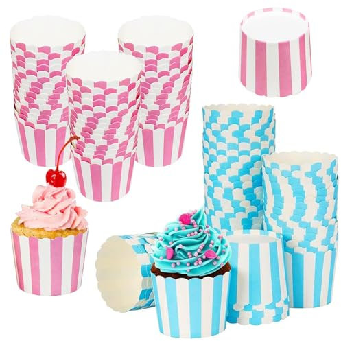 Pirottini di Carta per Cupcake e Muffin - 100 Pezzi Rosa e Blu - Teglie Robuste per Halloween, Compleanni, Matrimoni, Feste (Strisce)