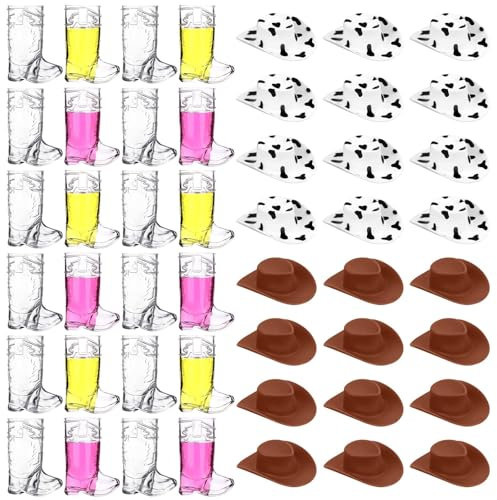 Haishell 48 Pcs Mini Cowboy Boot Shot Glasses Cute Western Hats 1 Oz Plastic Reusable Beer Mugs Boot Cups for Cowgirl Bachelorette Party Supplies Birthday Wedding Decorations