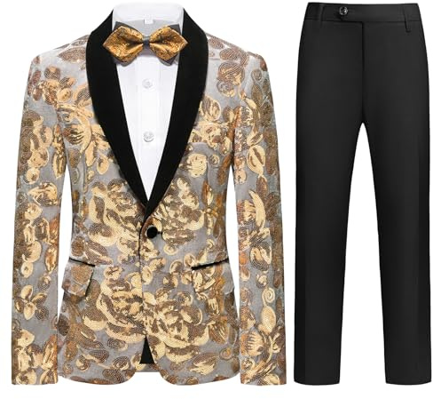 Lamgool Boys Tuxedo Suit Slim Fit Formal Set 2 Pieces Size 16 with Gold Floral Jacquard Sequin Black Pants for Kids Prom Wedding