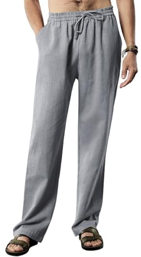 Sprifloral herr linnebyxor casual strandbyxor lätta yogabyxor elastisk midja raka ben dragsko byxor, Grå, XXL