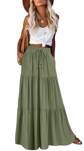 HAEOF Gonna Maxi Estiva da Donna Stile Boho Linea A Fluida con Volant a Balze Elastica Vita Alta da Spiaggia Lunga con Tasche, Verde militare, L