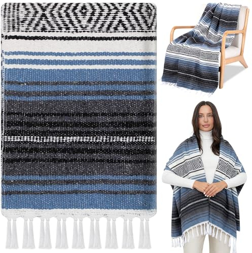 Oudain Mexican Blanket Woven Authentic Cotton Falsa Throw 45 x 70 Inch – Authentic Baja Serape Saddle Blanket Outdoor for Restorative Yoga, Beach, Picnic, Couch, Car Travel(Coastal Calm)