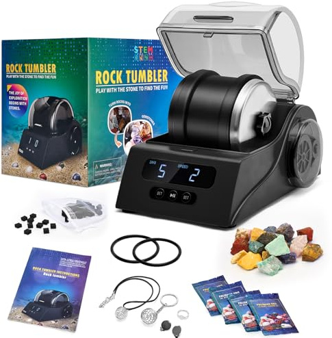 Rock Tumbler Kit de polissage pour adultes avec couvercle de réduction du bruit, contrôle de la vitesse et de la minuterie, comprend 4 grains de polissage, pierres précieuses brutes, guide