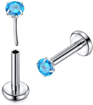 Briana Williams 16G G23 Titanium Tragus Piercing Jewellery, Threadless Push-in Labret Stud for Helix Conch Medusa Nose Lip, 6mm Secure Flat Back Earrings for Men Women, Blue CZ