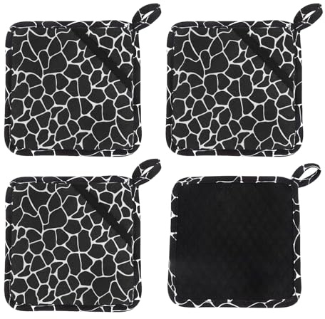 JUNJIEFU 4er-Set Silikon-Topflappen mit Tasche, Baumwolle, 20 × 20 cm | Doppellagige Topflappen mit rutschfester Silikonseite, Baumwollschicht und Eingrifftasche – für Kochen, Backen und Grillen