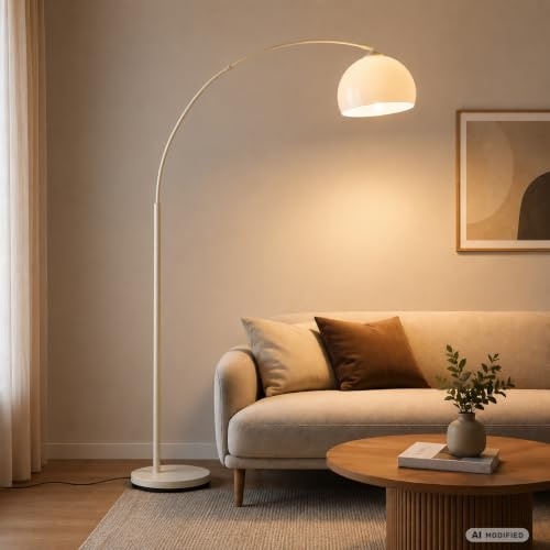 Lightbox Bogenlampe Ø 30 cm, 166 cm Höhe - große Stehlampe in Beige und | Bogenstehleuchte, E27 Fassung, 122 x 30 x 160 cm, schwenkbarer Kopf, Fußschalter, Bogenleuchte aus Metall und Kunststoff,