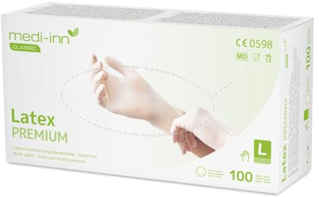Medi-Inn Premium Latex-Handschuhe, puderfrei, medizinische Untersuchungshandschuhe, 100 Stück, groß, weiß,