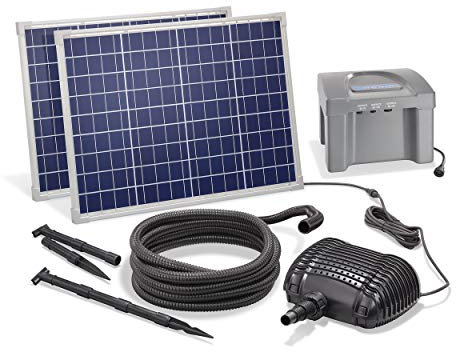 esotec Solar Bachlauf für Gartenteich 100/3400 PROFESSIONAL PLUS | Komplettset mit AKKU Bachlaufpumpe Solarmodul | Teichpumpe Solarbrunnen für draussen Wasserspiel | 100Wp 3m 3400 l/h 101085