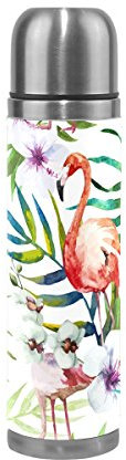 JSTEL Bouteille d'eau isotherme en acier inoxydable avec motif de feuilles et de flamants roses - Double bouteille sous vide pour café chaud ou thé froid - 500 ml