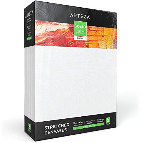 Arteza Leinwand Keilrahmen, 30x40cm Großpack mit 6 bespannten Keilrahmen, weiße grundierte 100% Baumwolle, für Malerei, Acrylgießen, Ölfarben & nasse Kunstmedien, Leinwände für Profis & Hobbymaler