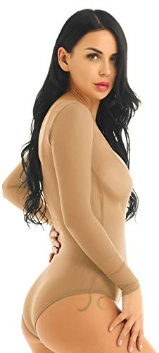 CHICTRY Damen Body Langarm Bauchtanz Bodysuit Brustfrei sexy durchsichtig Mesh Leotard atmungsaktiv Teddy Unterwäsche Dessous Reizwäsche