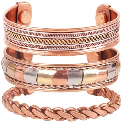 Touchstone Bracelet magnétique Copper de style tibétain. Forgé à la main avec du cuivre pur solide et de haut calibre. Ensemble de 3 modèles différents avec 3 nuances de métal.