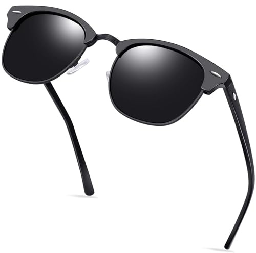 KANASTAL Occhiali da Sole da Uomo Donna Neri Polarizzati Scuri UV400 Quadrati Vintage Retrò Classici Alla Moda Mezza Montatura Black Sunglasses per Pecsa Spiaggia -Nero Opaco