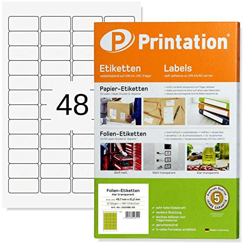 480 Folien-Etiketten transparent (45,7x21,2mm) wasserfest | 10 Bogen A4 je 4x12=48 Printation Klebeetiketten selbstklebend Klebefolie durchsichtig 45x21 nur mit Laserdrucker bedruckbar