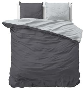 Sleeptime 100% Baumwolle Bettwäsche 200cm x 200cm Grau/Anthrazit - weich & bügelfrei Bettbezüge mit Reißverschluss - zweifarbiges Bettwäsche Set mit 2 Kissenbezüge 80cm x 80cm