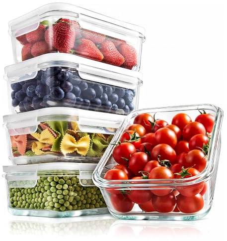 NutriChef 10-delat Glas Matförvaringsset - Stapelbara Premium Glas Matlådor - Nyutvecklade Fäll-lock BPA-fria 100% Läckagesäkra Lock med Luftventil - Frys-och-Ugnssäkra