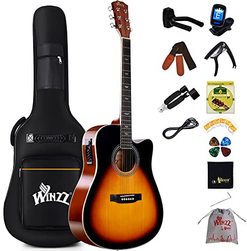 Winzz Elektro Akustik Gitarre Western 4/4 Anfänger Erwachsene Kinder (Rechtshänder Sunburst-Glänzend)