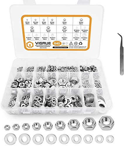 VIGRUE 840 Stück Sechskantmutter DIN 934, Edelstahl Muttern Sortiment Schraubenmutter mit Flache Unterlegscheiben M2 M2.5 M3 M4 M5 M6 M8 M10 M12 im Sortimentskasten